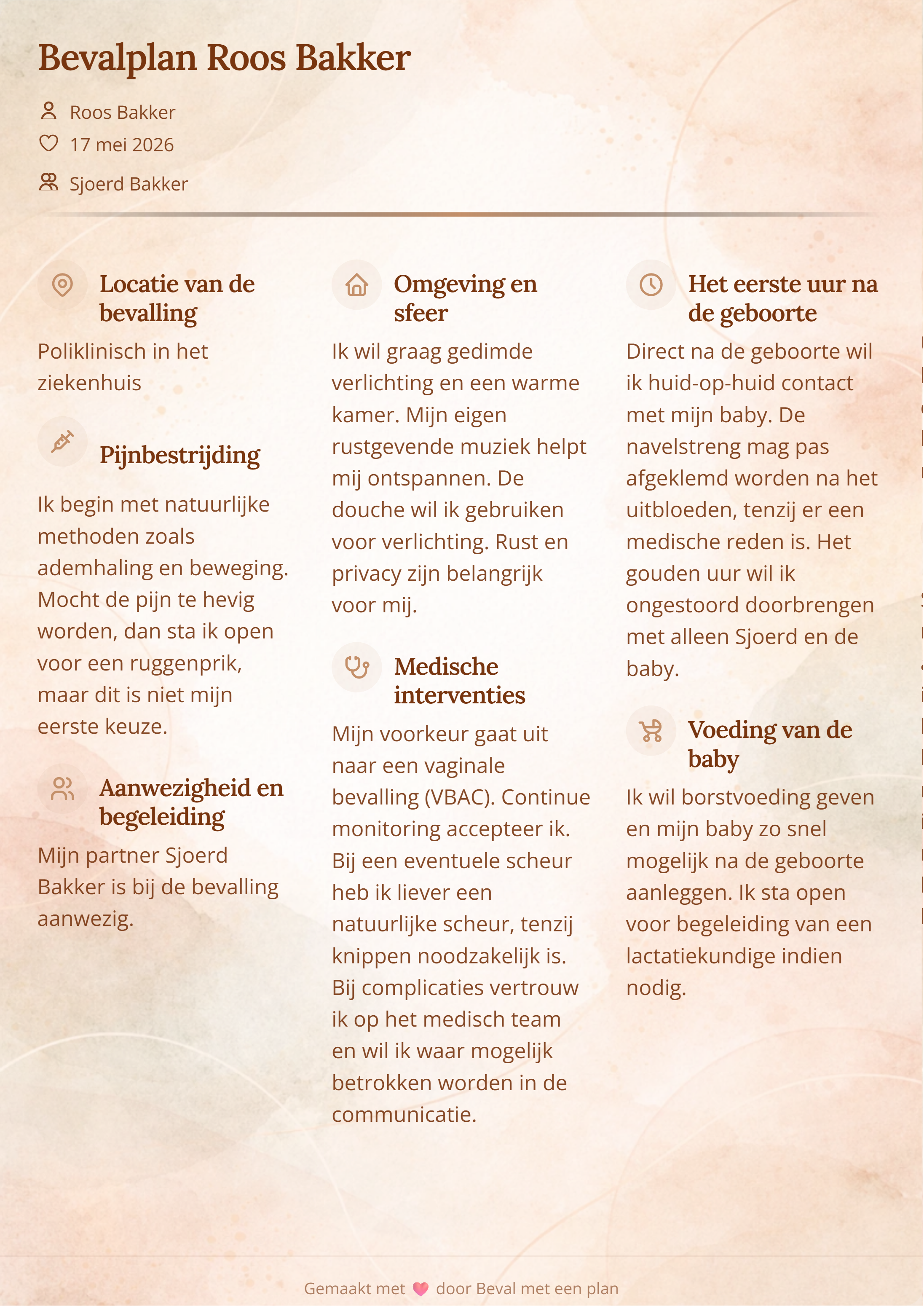 Bevalplan voorbeeld VBAC - Roos Bakker kiest voor een vaginale bevalling na een eerdere keizersnede met continue monitoring in het ziekenhuis